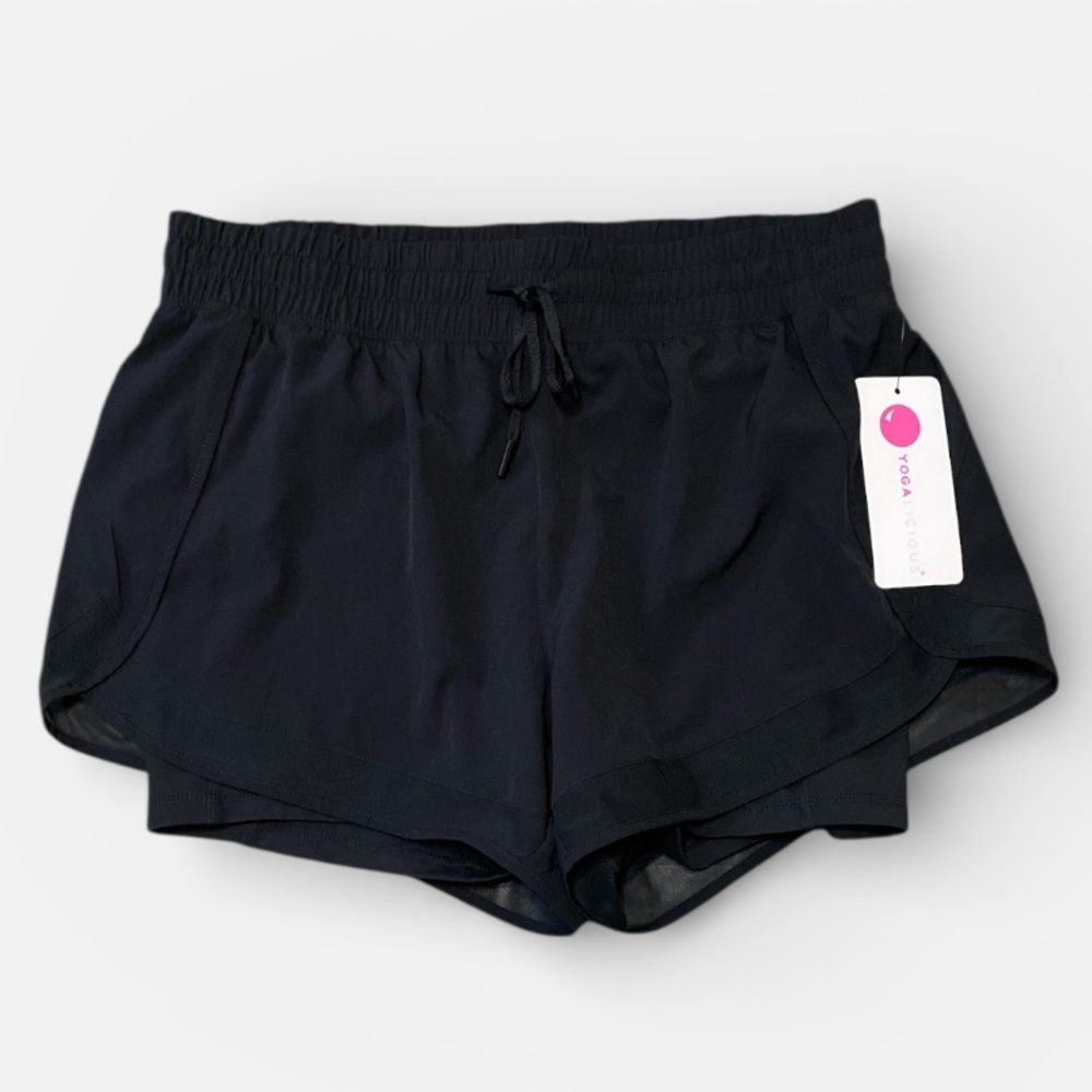 NWT Women's Yogalicious Lined Athletic 2-in-1 Mesh Shorts Black Large